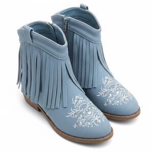 Denim Fringe Western Cowgirl Boots Embroidered Boho Blue Girls Size 3